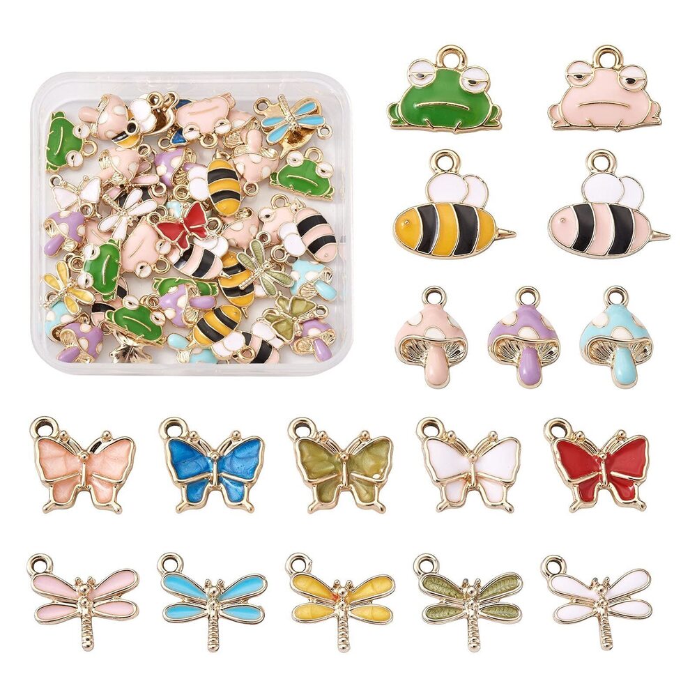 3004 62pcs Colorful Enamel Pendant Charms Alloy Frog Mushroom HoneyBee